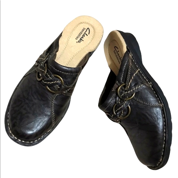 Clarks Bendables Dark Brown Leather Clogs Shoes - Picture 2 of 7